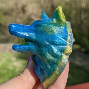 Wolf Magnet Blue Yellow Handmade Resin Art Cute Cool Gift Art Artisan Dog Dogs